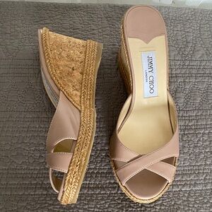 Jimmy Choo Almer Nappa Leather Nude Espadrille Wedge Sandals Size 38 (7.5 usa)